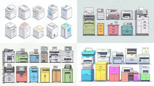 Isometric vector illustration of photocopiers and printers in various colors and models. Office equipment design for printing, scanning, and copying tasks in workplace and business settings.