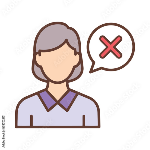 Vector illustration of illustration of a person with a speech bubble containing a red cross symbol, representing error or cancellation