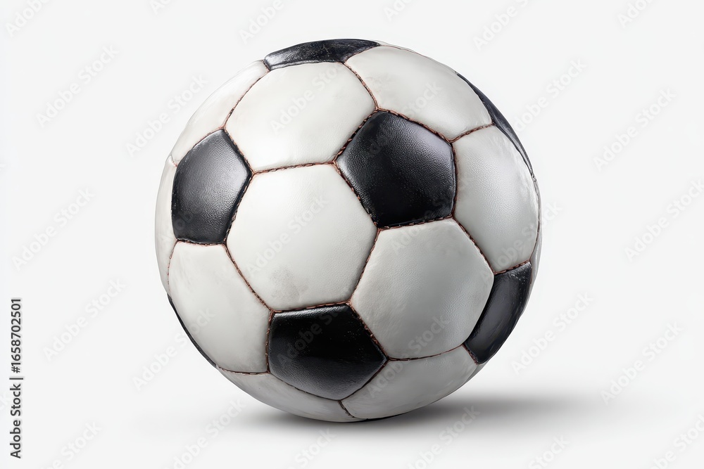 Naklejka premium Classic black and white soccer ball resting on a flat surface, showcasing spherical design and contrasting colors, ready for play on the football field