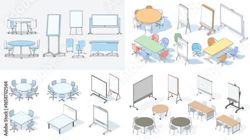Isometric vector illustration of office furniture including chairs, tables, and whiteboards. Modern workspace equipment for meeting rooms, presentations, and creative collaboration areas.