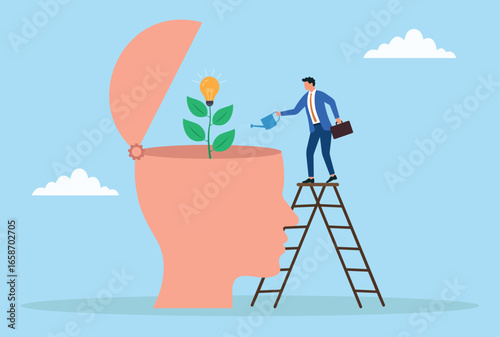 Vector illustration of a businessman on a ladder watering a plant with a light bulb inside an open head, symbolizing nurturing creativity, innovation, and growth of ideas
