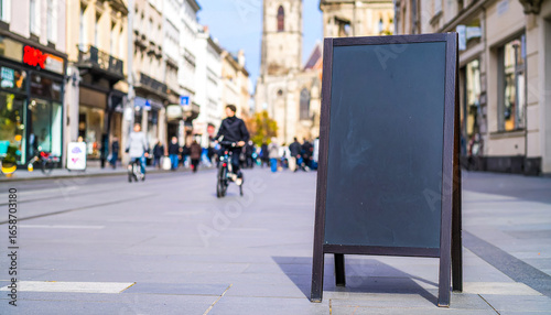 Black chalkboard sign on busy city street