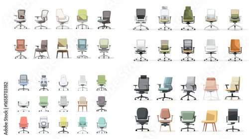 Collection of modern ergonomic office chairs in various colors and styles. Realistic vector illustration showing comfortable workplace seating design and professional furniture catalog.