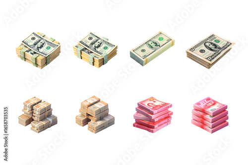 Stack of 100 dollar bills with a set of rubber stamps on a white background