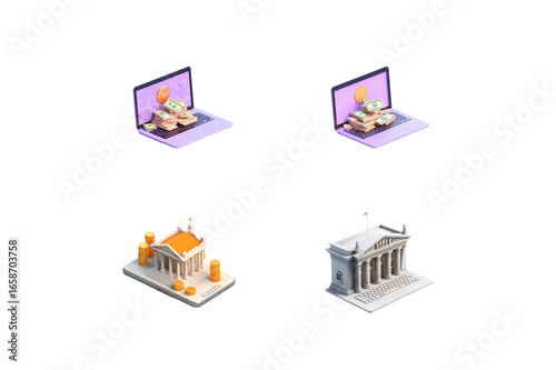 Business communication and travel concepts are depicted with a laptop, computer, and a set of vector travel icons