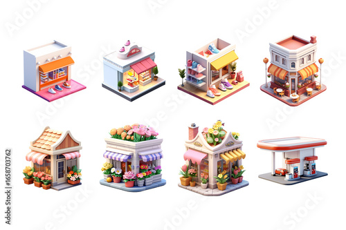 Colorful vector illustration of Christmas toys and houses with a ribbon bow on a decorative gift box