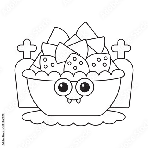 Spooky cartoon bowl of nachos with vampire eyes and fangs outline chips snack