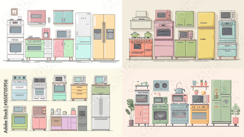 Colorful retro kitchen appliances including fridge, oven, and microwave in pastel tones. Flat vector illustration showing vintage kitchen interior design and stylish home cooking equipment.