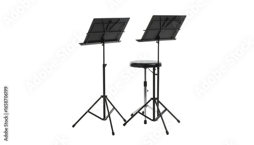 Two black music stands, one with a stool