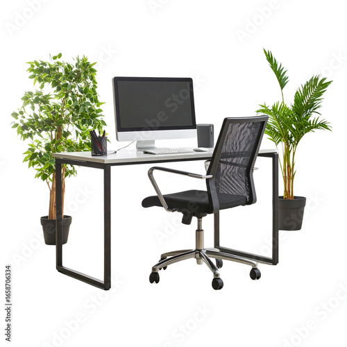 Scandinavian Style Home Office Setup with Green Plants and Metal Frame Chair, Angled View, Isolated