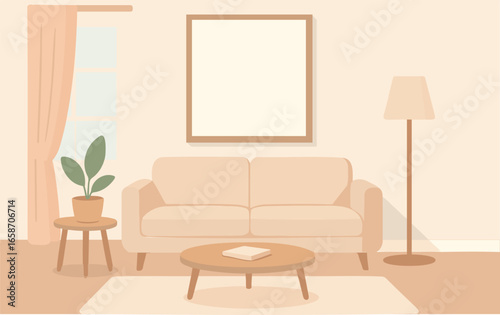 Cozy Living Room Interior with Sofa, Coffee Table, Potted Plant, and Floor Lamp