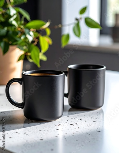 Two black mugs on a white countertop