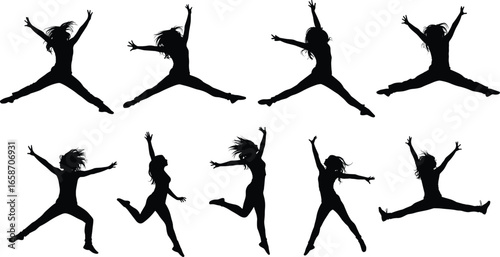Jumping and dancing human silhouettes in energetic poses, expressive movement vector art for performance, celebration, fitness, and creative design projects