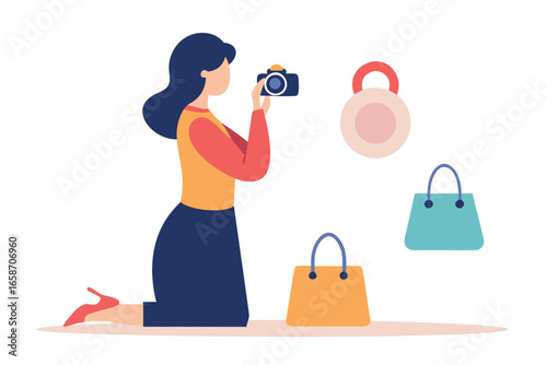 Woman photographing shopping bags and a circular object