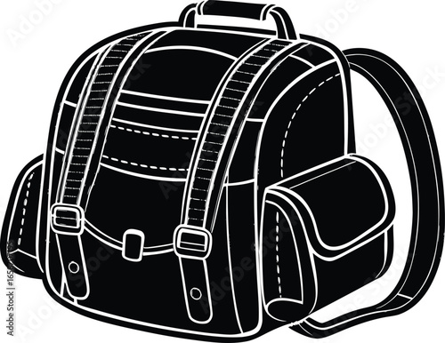 Black and white illustration of a backpack with straps and buckles vector