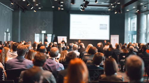 Business people attending a presentation in a conference hall, watching a speaker on stage