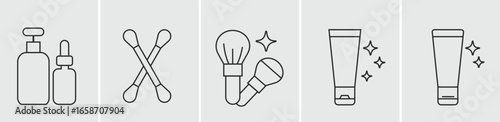 Skincare and Makeup Tools Line Art Icon Set, Collection of Cosmetic Product and Applicator Outlines, Beauty Routine Symbols, Modern Vector Graphics for Cosmetics and Wellness.
