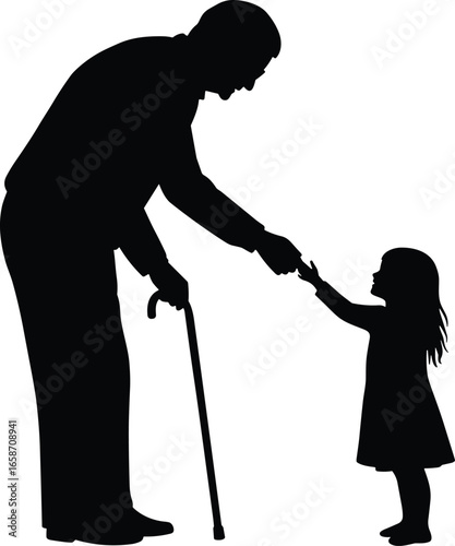 Silhouette of elderly person with cane reaching to child’s hand, heartwarming vector illustration symbolizing care, family, connection, and generational bond