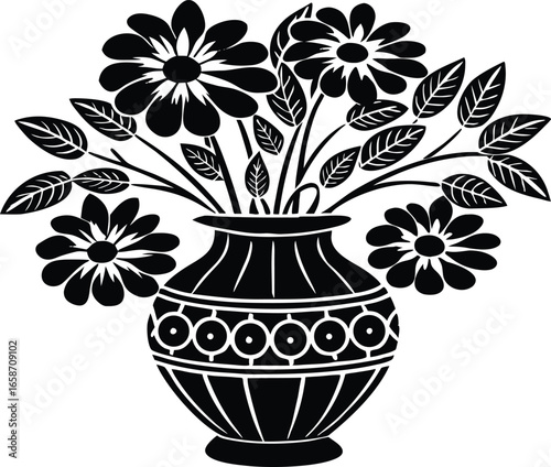 Black and white stylized floral arrangement in decorative vase flower