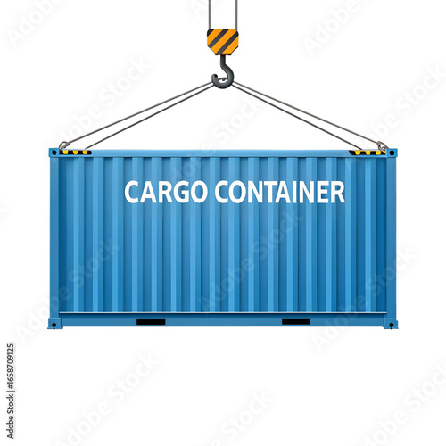 Blue cargo container being lifted by crane isolated on transparent background