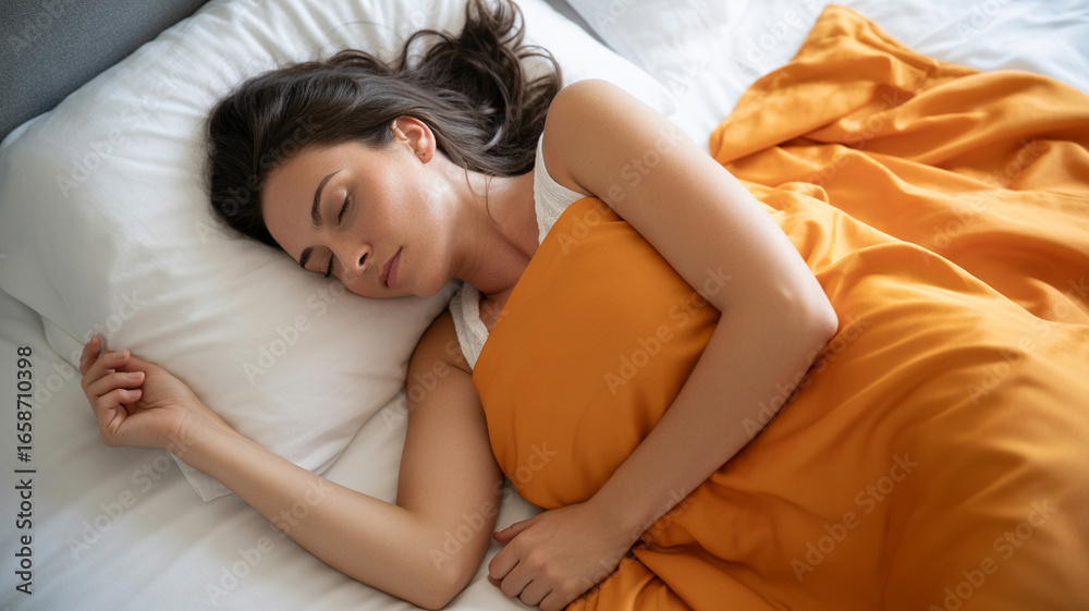 Obraz premium Young woman sleeping peacefully under a warm orange blanket in bed