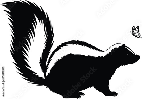 Silhouette of skunk with raised tail and butterfly in flight, contrasting wildlife vector for nature, animal behavior, and decorative design themes