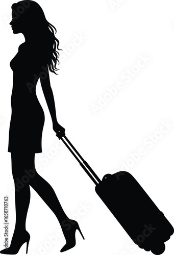 Silhouette of woman walking with wheeled suitcase, stylish travel vector illustration symbolizing journey, vacation, business trip, and modern lifestyle