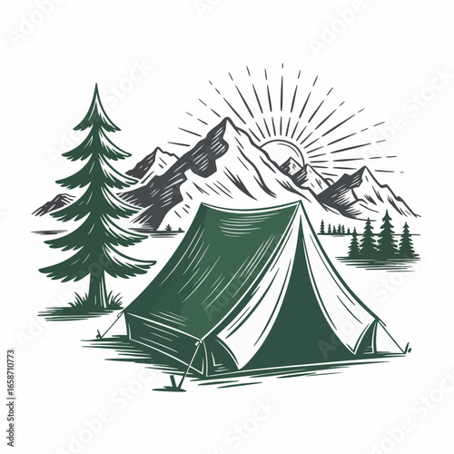 Vintage camping scene with tent mountains and sunrise illustration