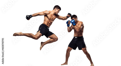 Two male mixed martial arts fighters competing in a dynamic fight scene isolated on transparent background