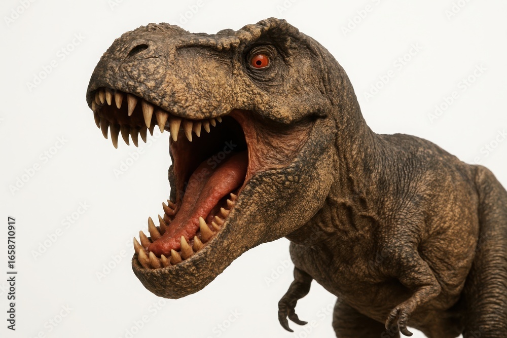 Obraz premium Majestic tyrannosaurus rex roaring with fierce power and detailed scales against a clean backdrop illustration