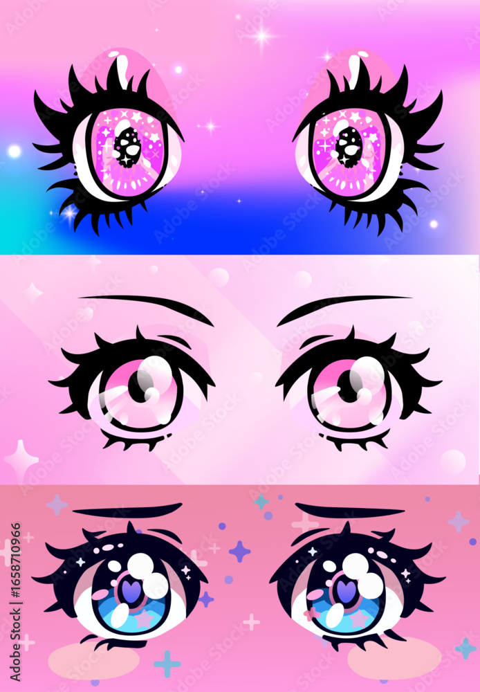 Fototapeta premium Vector illustration in vibrant anime style shows three pairs of expressive eyes with stars and highlights on colorful pink gradients. Kawaii pop art style. Colors: pink and blue.