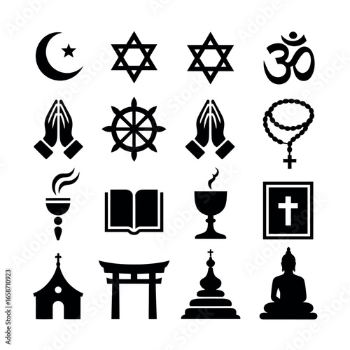 Collection of religious symbols and icons representing different faiths and beliefs