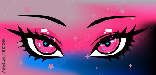 Anime vector illustration features two expressive pink eyes with sparkles on a gradient pastel background. Style is bold, colorful, and modern manga.