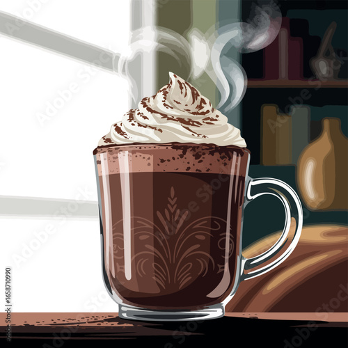Steaming hot chocolate with whipped cream in a glass mug