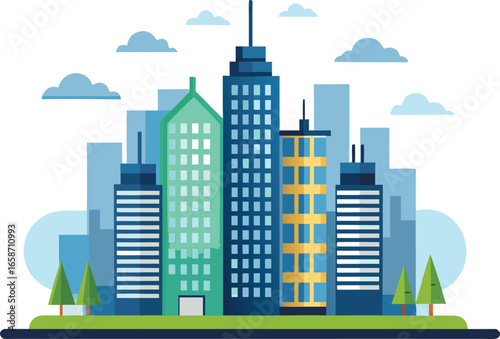 Flat design illustration of a city skyline with blue and green buildings and clouds architecture urban