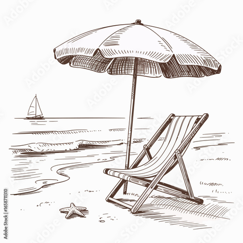 Relaxing beach scene with deck chair and umbrella sketch