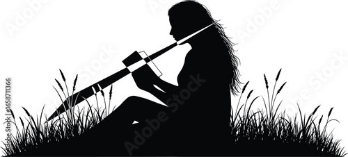 Silhouette person playing flute in grassy field, peaceful outdoor music scene ideal for nature, art, relaxation, and creative vector designs