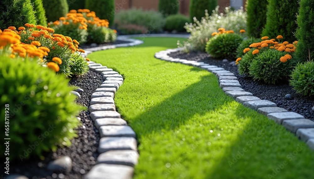 Fototapeta premium Winding garden path featuring rich green grass bordered by dark gravel, stone edging. Vibrant orange flowers, manicured shrubs create serene, tranquil backyard oasis. Perfect for landscaping
