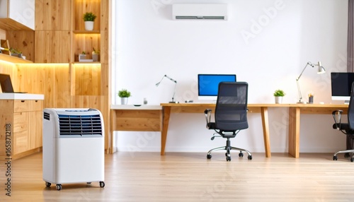Portable Air Conditioner Cooling a Spacious, Modern Home Office with Wooden Decor