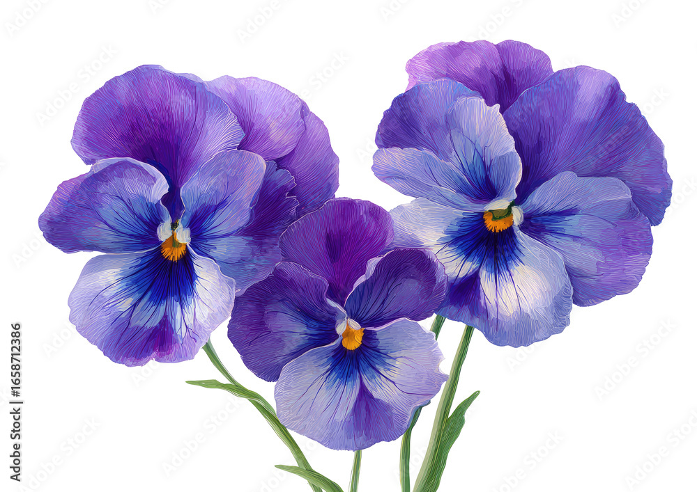 Obraz premium Close-up of three vibrant pansies. Soft hues of purple and blue, detailed petals, and a hint of gold in the center. Stems and leaves are a muted green. A decorative floral image