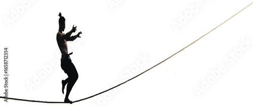 A silhouetted figure balances on a tightrope, performing a martial arts stance with focused energy white background.




