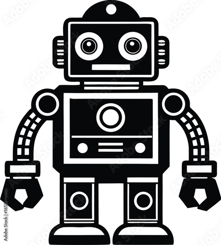 Black and white cartoon robot with round eyes and articulated arms and legs retro