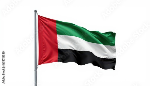 A waving united arab emirates flag on a pole against a bright white background in a studio shot