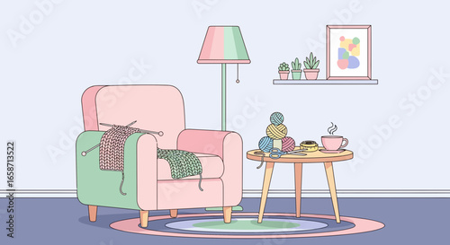 Charming Scene Of Comfort And Creativity With Knitting And Coffee