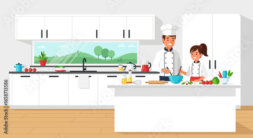 Chef And Assistant Preparing Dishes Together In The Kitchen