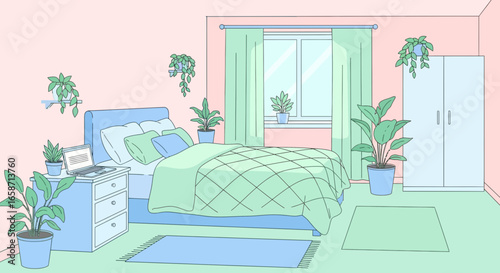 Cozy Bedroom Interior Illustration With Plants And Soft Pastel Colors