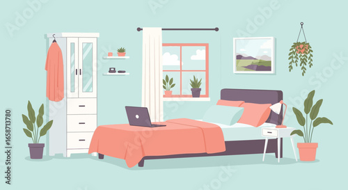 Cozy Bedroom Setup with Laptop Interior Design Illustration