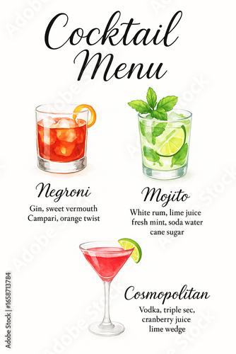 Elegant watercolor cocktail menu with illustrations of Negroni, Mojito, and Cosmopolitan. Ideal for restaurant menus, bar signage, blogs, or event flyers.