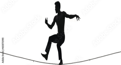 A silhouetted figure balances on a tightrope, performing a martial arts stance with focused energy white background.




