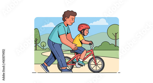 Father Teaching Son To Ride A Bike in Park